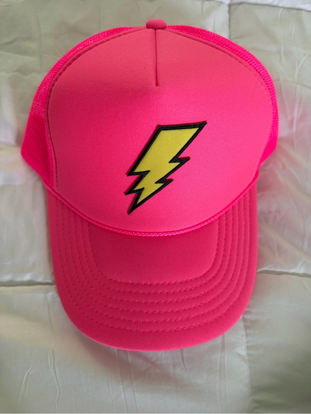 Neon Pink Trucker Hat with Yellow Lightning Bolt